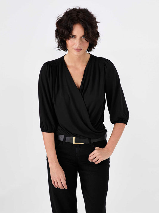 Athena 7/8 Sleeve Drape Top - Black