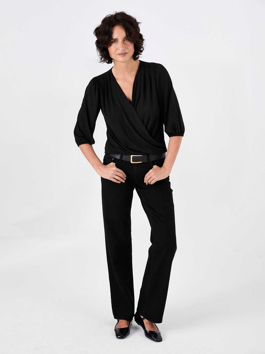Athena 7/8 Sleeve Drape Top - Black