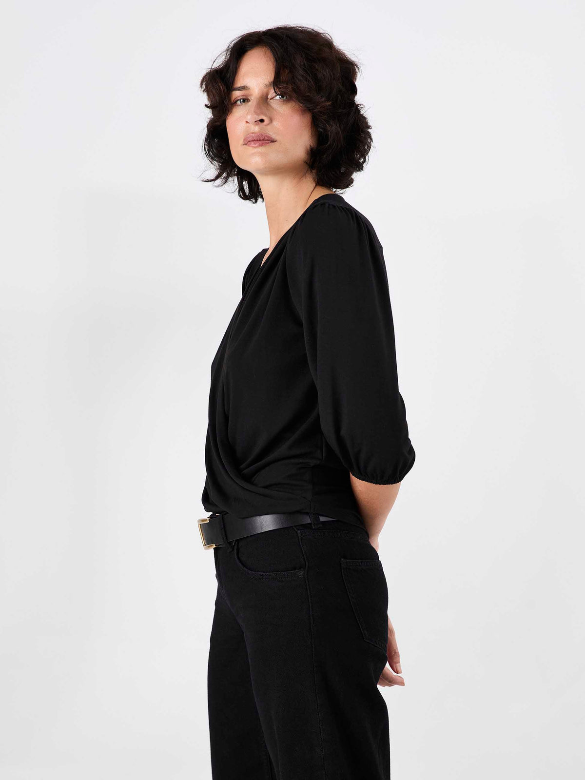 Athena 7/8 Sleeve Drape Top - Black