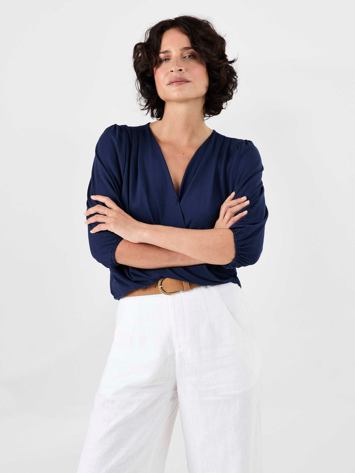 Athena 7/8 Sleeve Drape Top - Navy