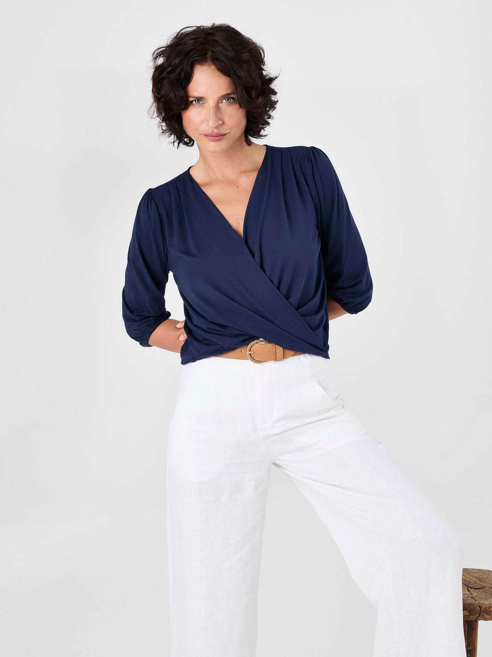 Athena 7/8 Sleeve Drape Top - Navy