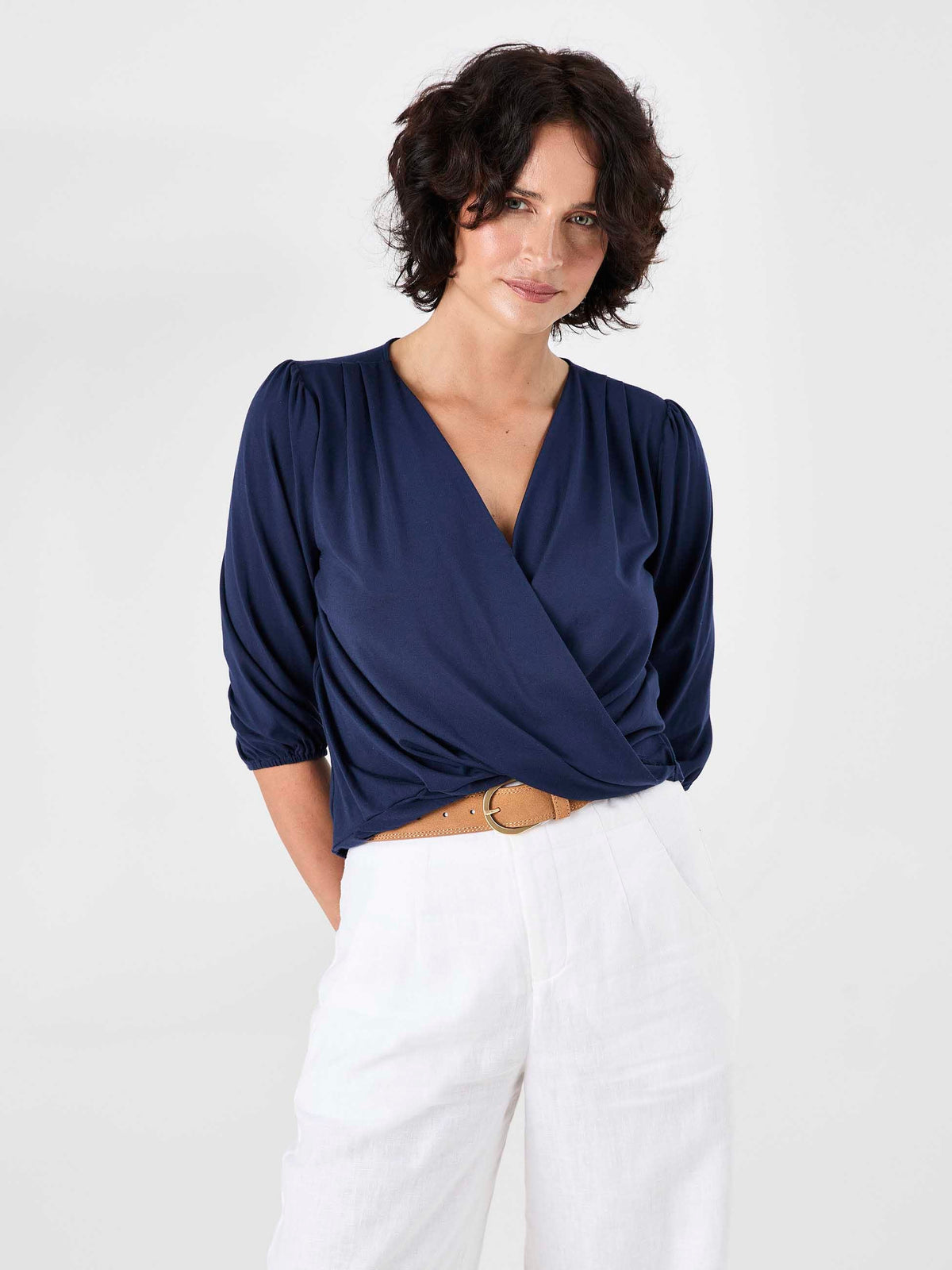 Athena 7/8 Sleeve Drape Top - Navy