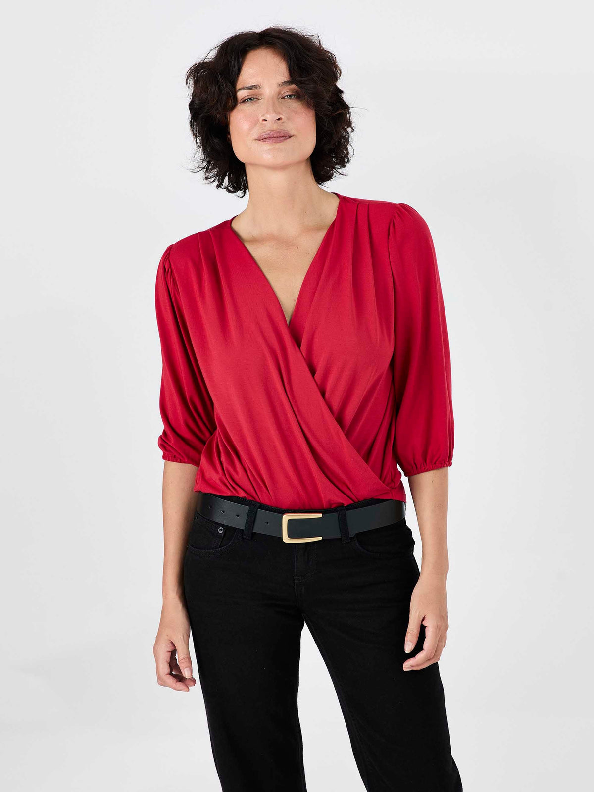 Athena 7/8 Sleeve Drape Top - Cherry