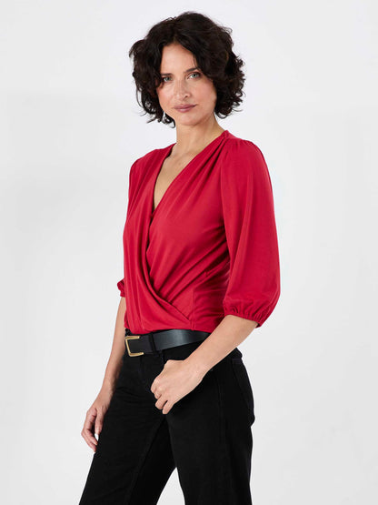 Athena 7/8 Sleeve Drape Top - Cherry