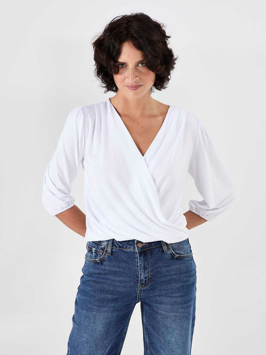 Athena 7/8 Sleeve Drape Top - White