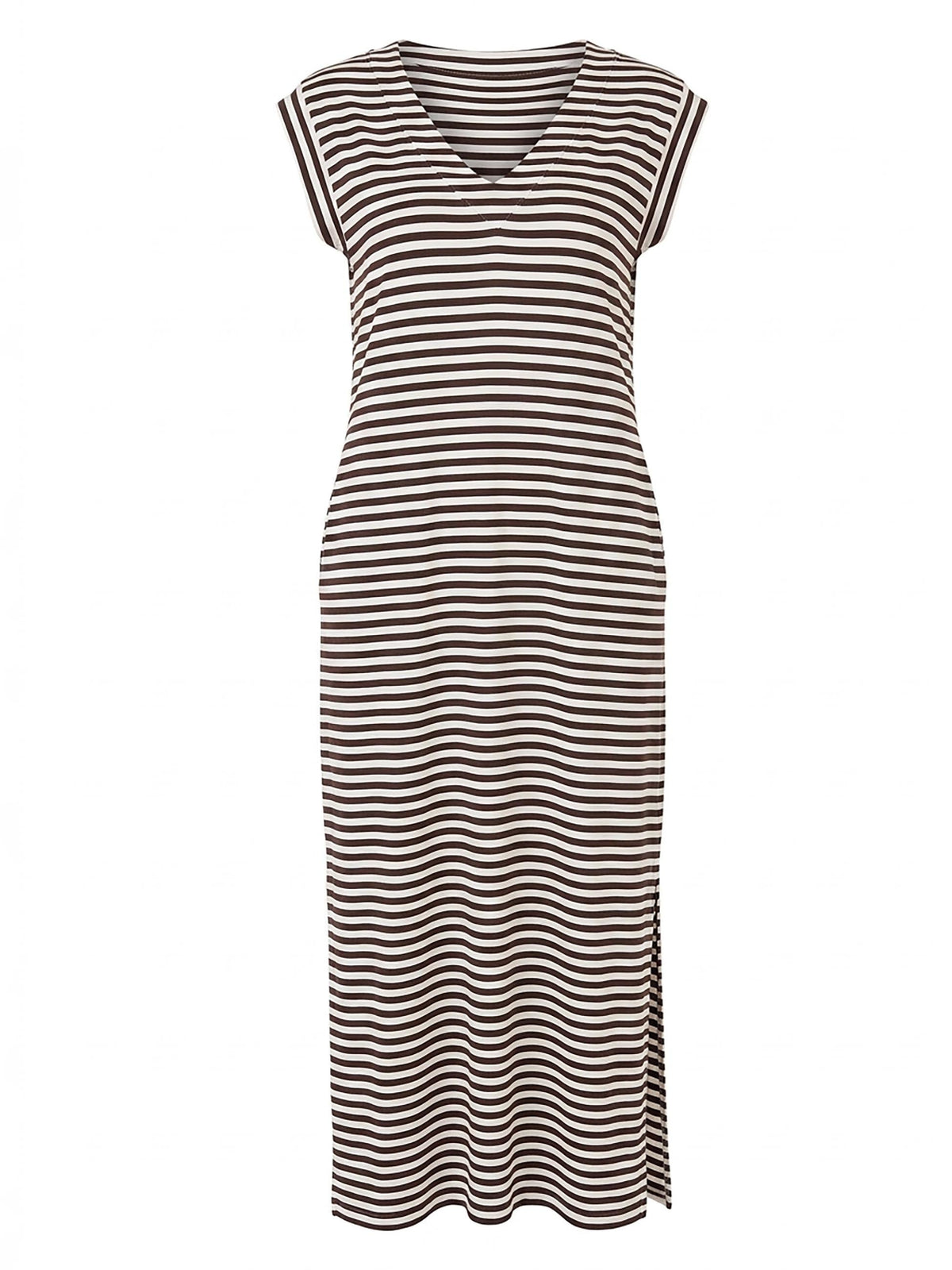 Everly V Neck Stripe Maxi Dress - Coffee Bean / Soft White