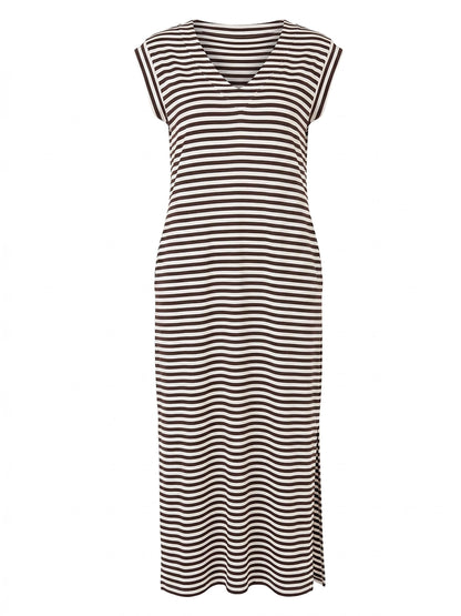Everly V Neck Stripe Maxi Dress - Coffee Bean / Soft White