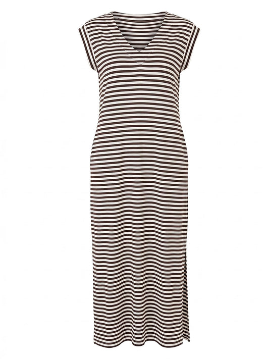 Everly V Neck Stripe Maxi Dress - Coffee Bean / Soft White