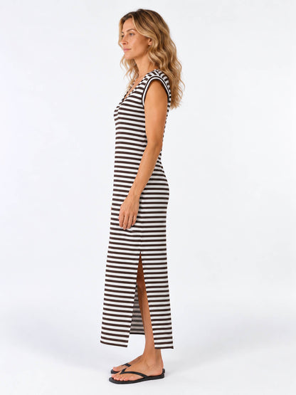 Everly V Neck Stripe Maxi Dress - Coffee Bean / Soft White