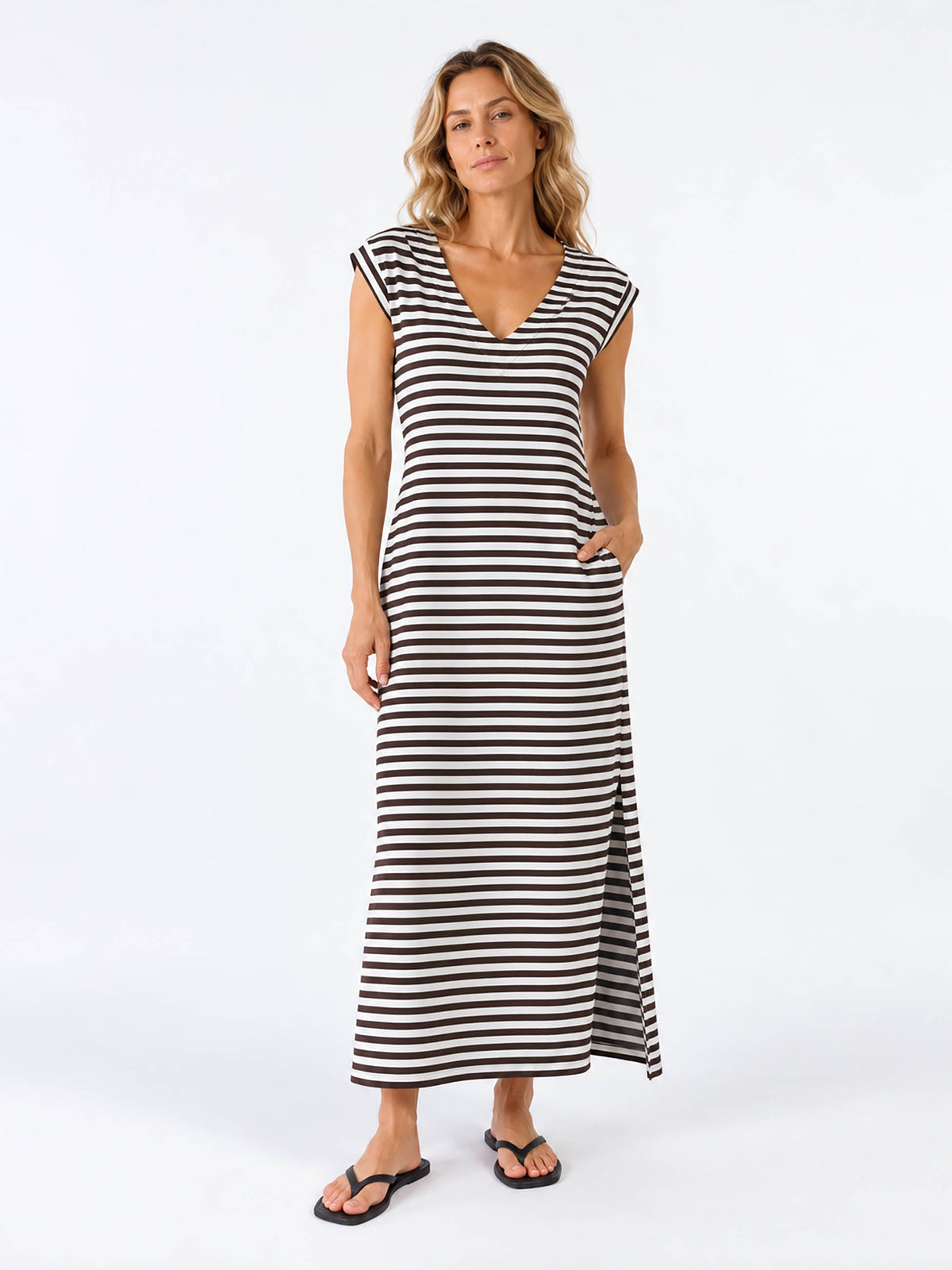 Everly V Neck Stripe Maxi Dress - Coffee Bean / Soft White