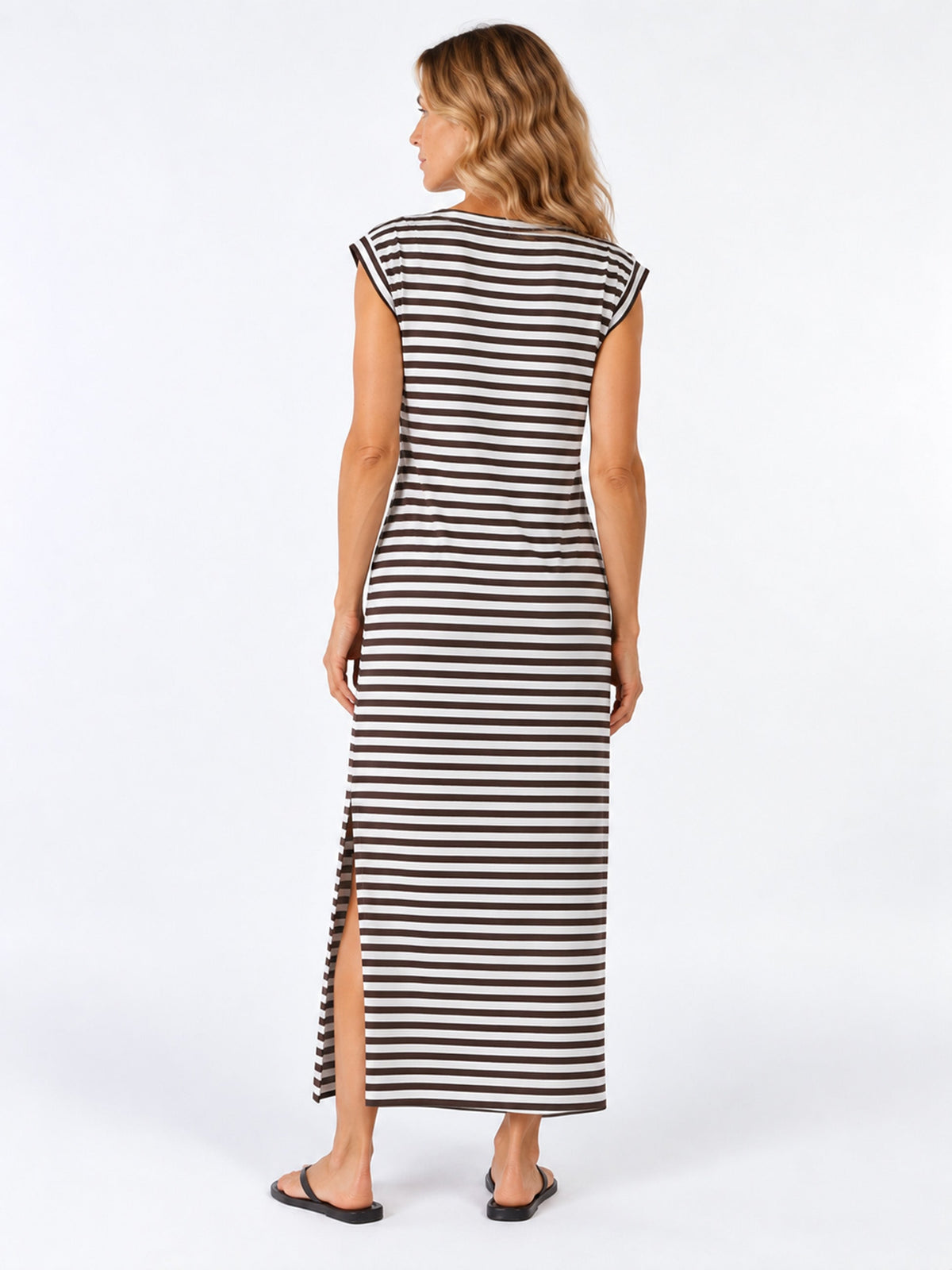 Everly V Neck Stripe Maxi Dress - Coffee Bean / Soft White