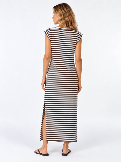 Everly V Neck Stripe Maxi Dress - Coffee Bean / Soft White